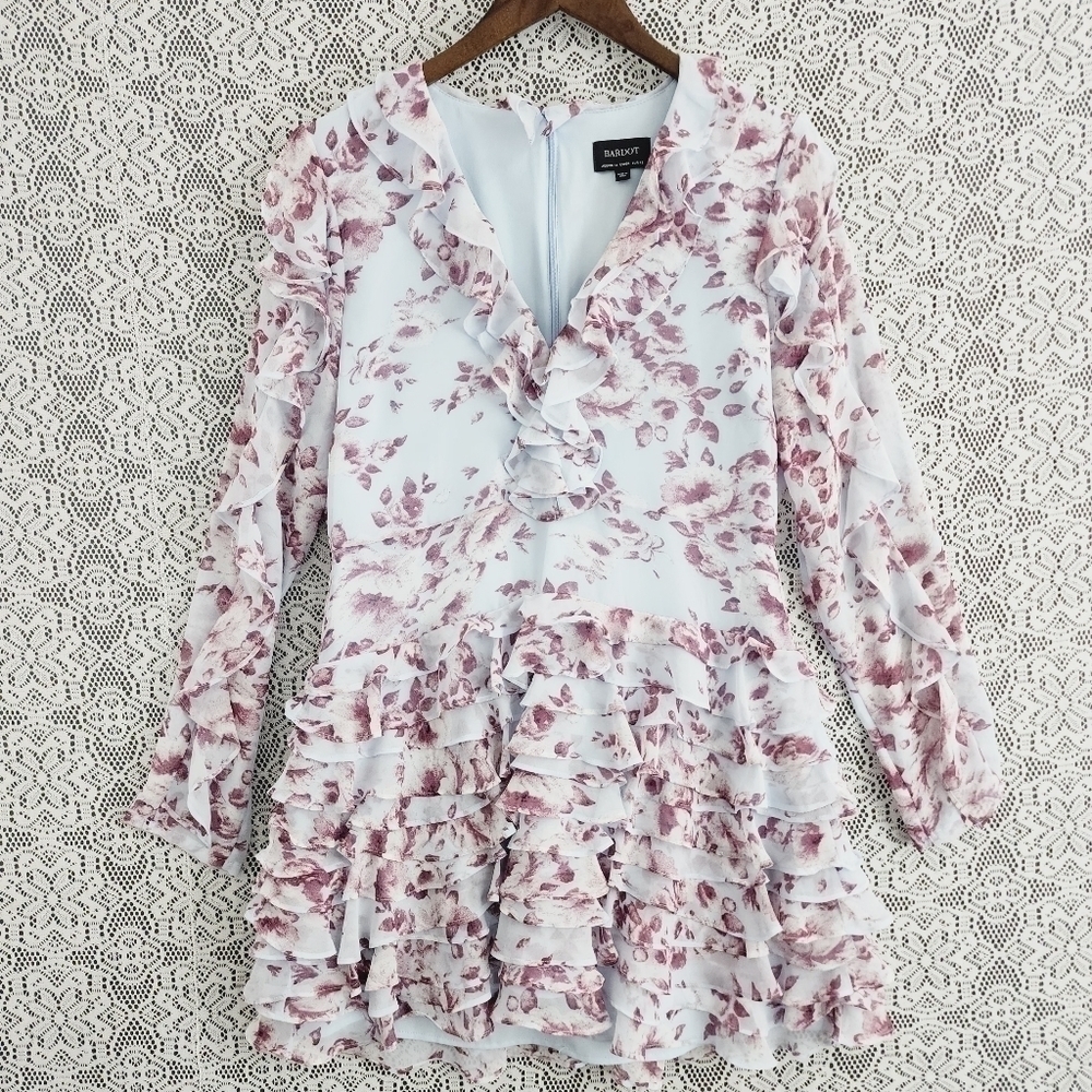 Bardot V neck Floral Long sleeve Ruffle Layer Mini dress 10/ L